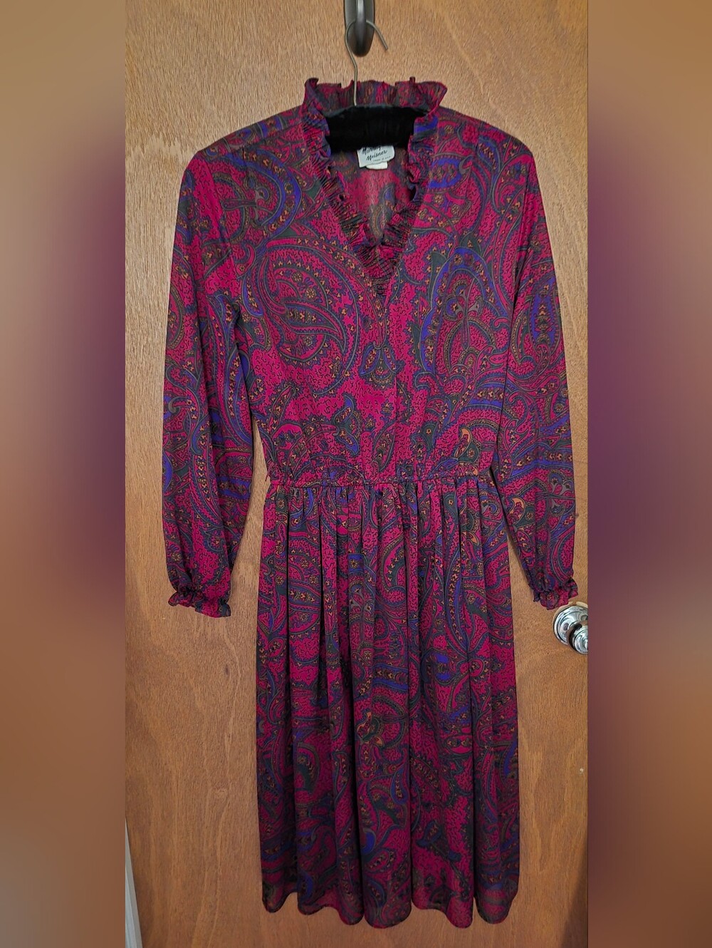 Vintage Sheer Paisley Long-Sleeve Midi Dress in Magenta